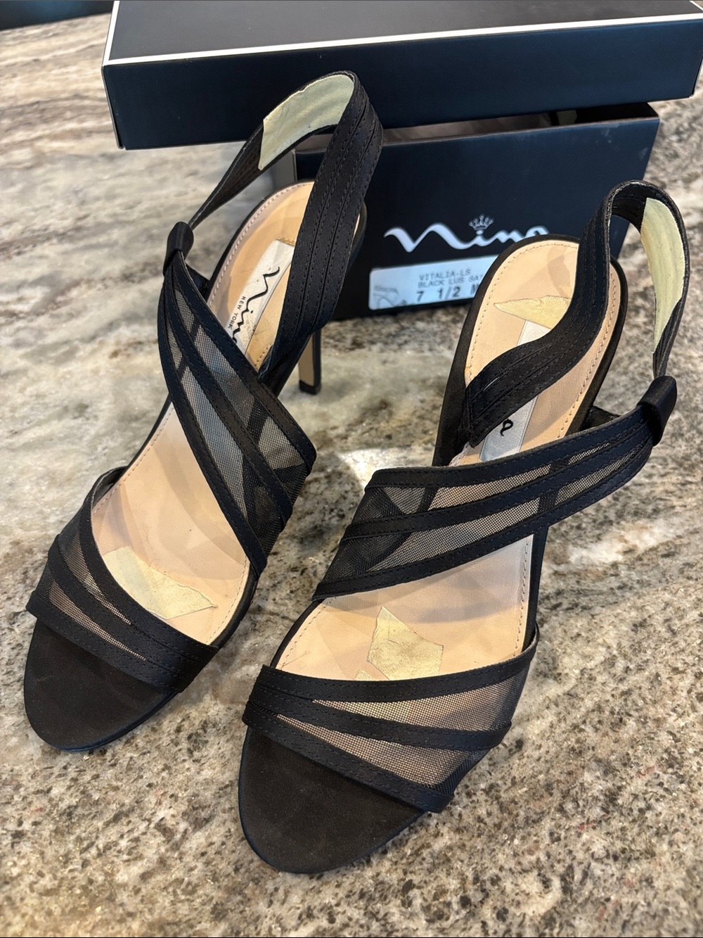 Nina Black Mesh Cross-Strap Slingback Heels